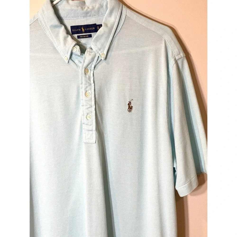 Ralph Lauren Knit Oxford‎ Shirt Mens XL Aqua Blue Short Sleeve Cotton Flesh Pony